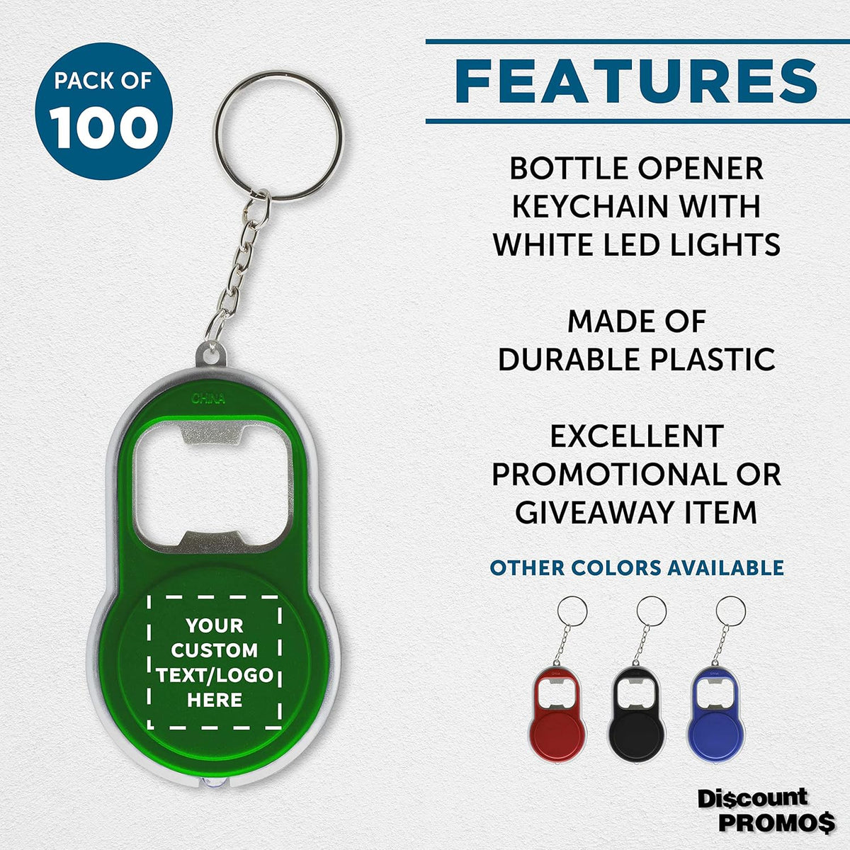DISCOUNT PROMOS Custom Bottle Opener & LED Keychains Set of 100, Personalized Bulk Pack - Perfect