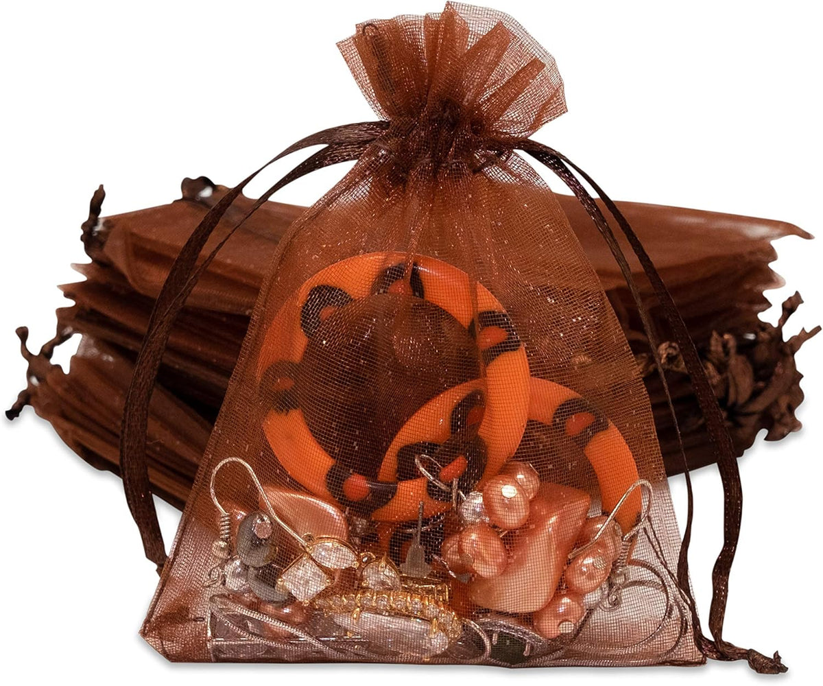 TheDisplayGuys 100-Pack 3x4 Brown Sheer Organza Gift Bags with Drawstring, Jewelry Candy Treat