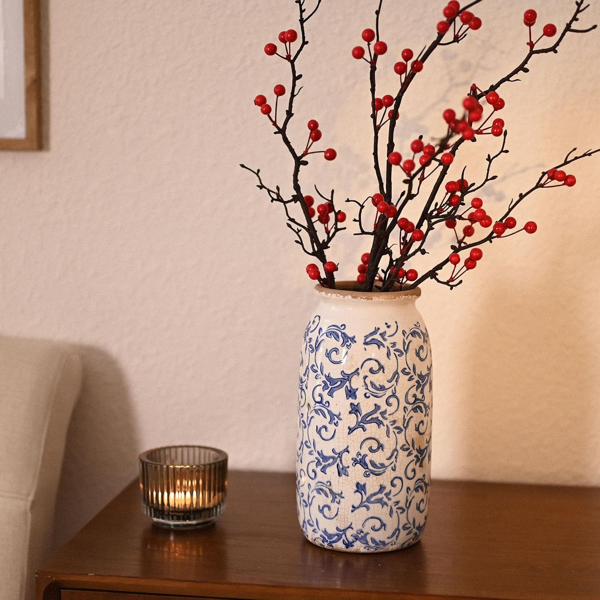 VICTOR & TERESA Rustic Blue and White Vase for Home Decor, Ceramic Vases for Flowers, Modern