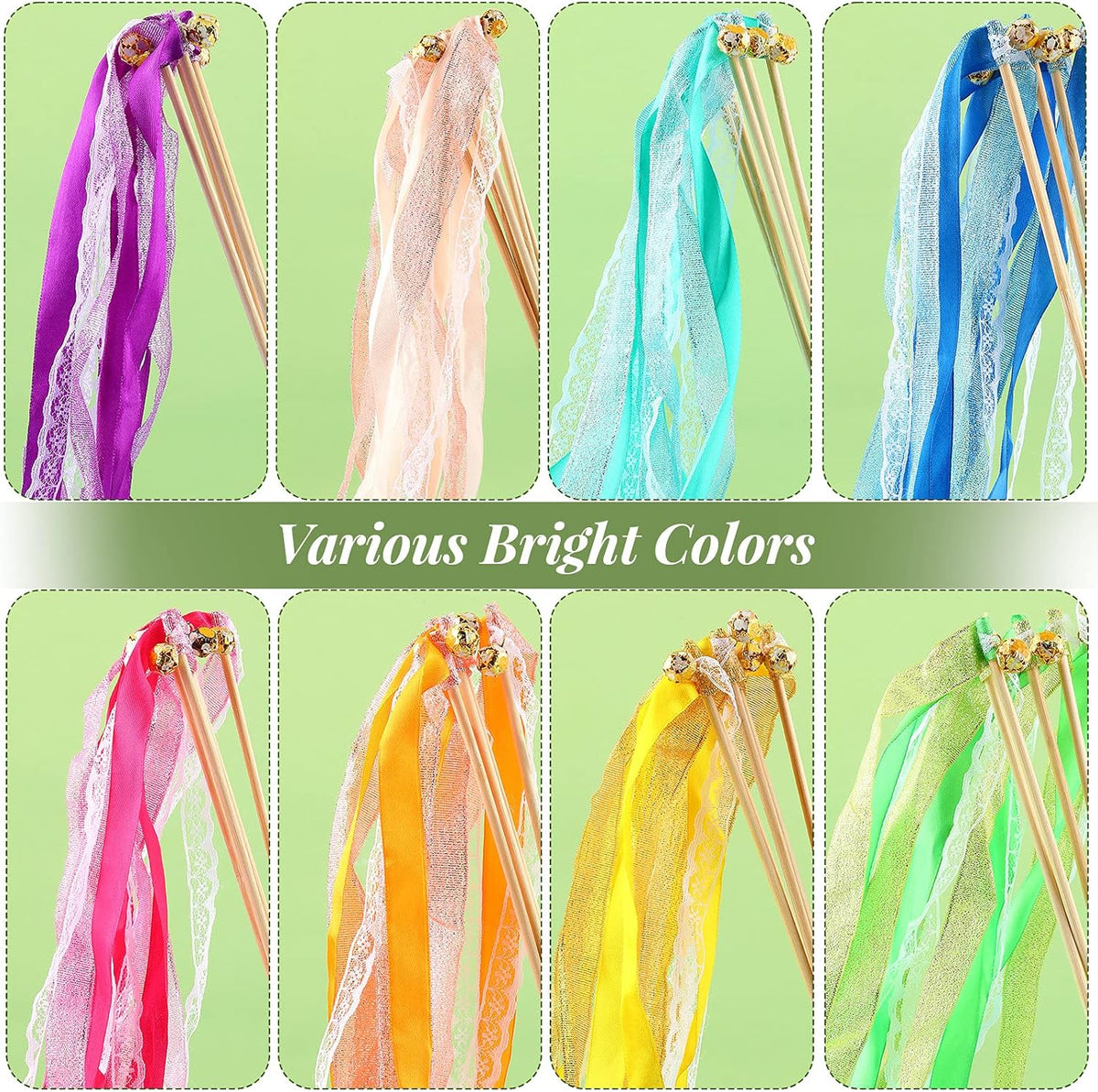 40 Pieces Ribbon Wedding Streamers with Bells, Lace Fairy Stick Wand Party Streamers Chromatic Silk