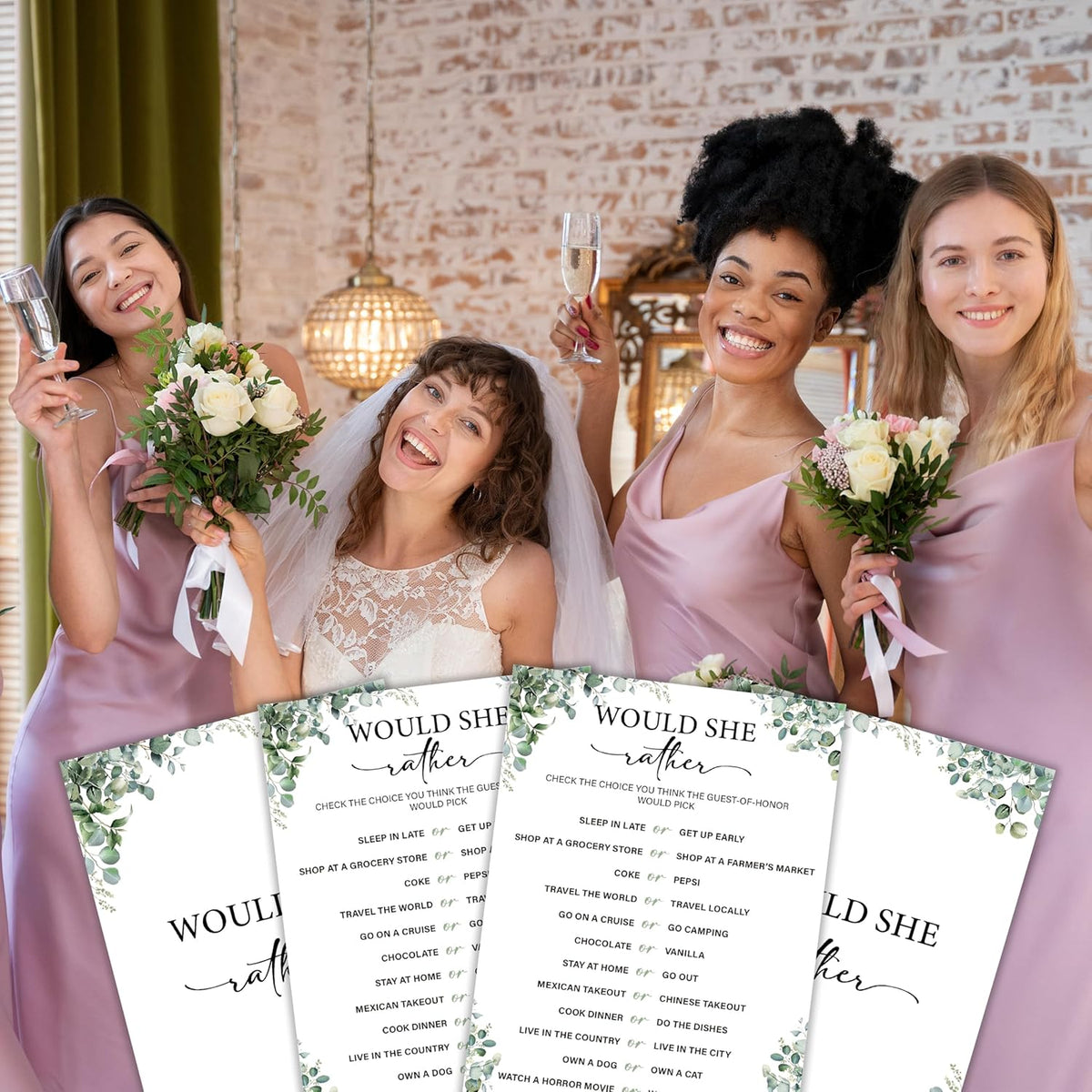 Eucalyptus Bridal Shower Game Cards - Would She Rather, Wedding Engagement Bachelorette Party