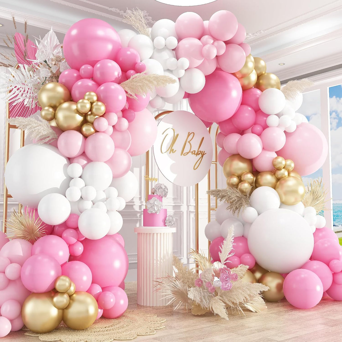 412Pcs Pink and White Balloons Arch Kit,18 12 10 5 Inch Pink and Gold Balloon Garland Pastal Pink
