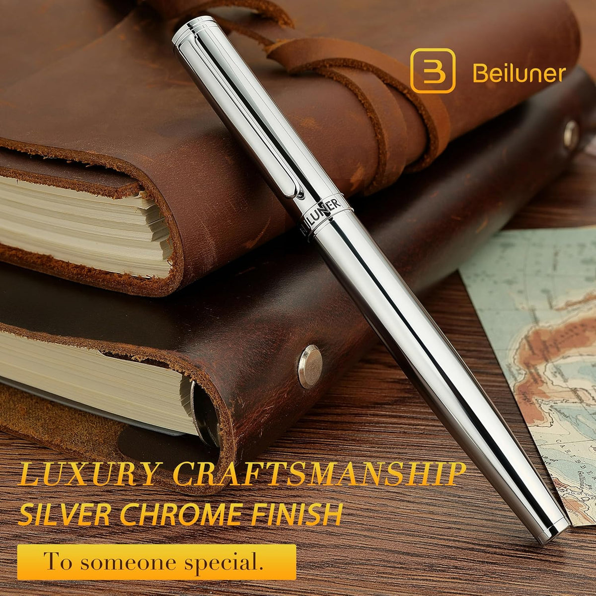 BEILUNER Silver Fountain Pen,Stunning Luxury Pens with Bright Silver Chrome, Gorgeous 24K Gilded