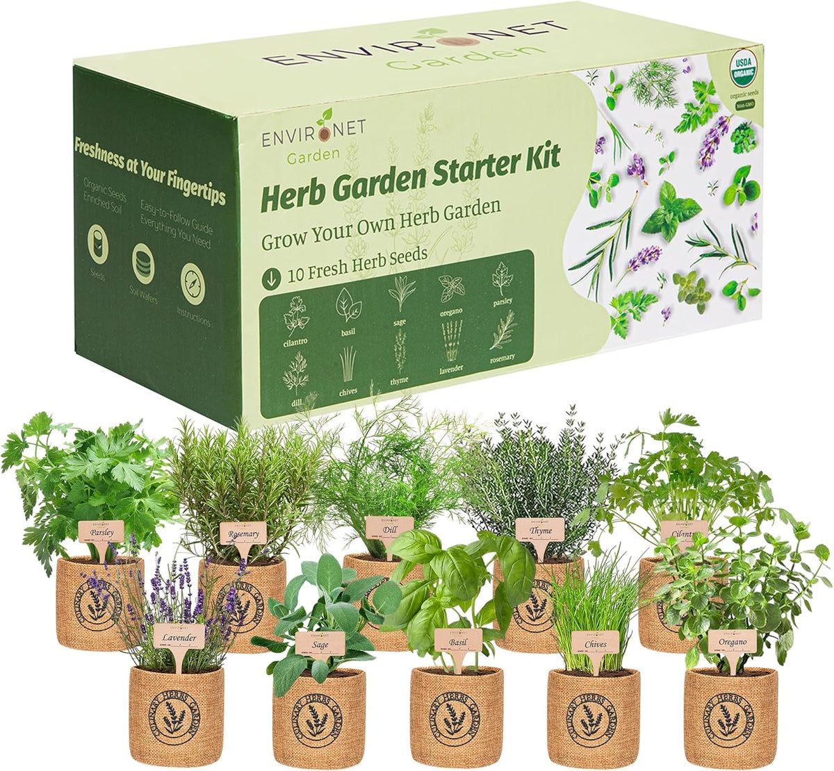 10 Indoor Herb Garden Kit- Burlap Pots, Organic Seeds, Herb Garden Planter Indoor Kit, Easy Window
