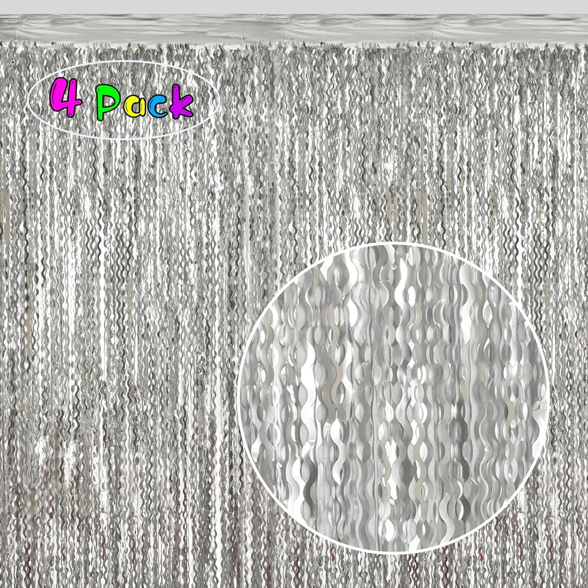 4 Pack 3.3x6.6ft Silver Foil Fringe Backdrop - Wavy Metallic Tinsel Foil Curtains Photo Booth