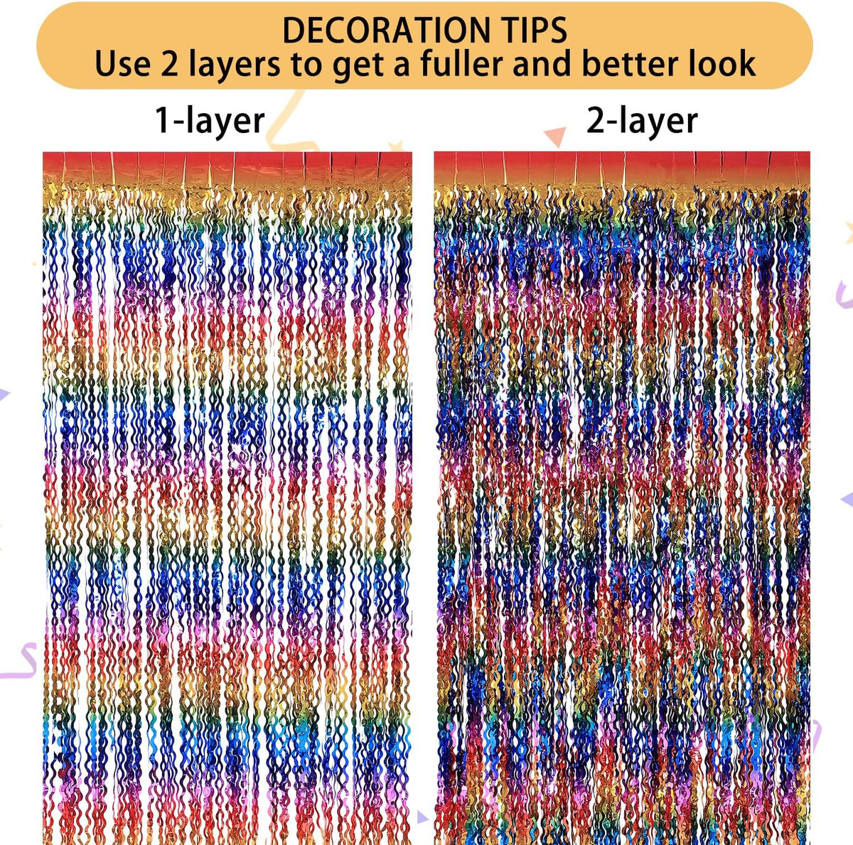3 Pack Colorful Foil Fringe Curtain Backdrop - 6.6 x 3.3 ft Wavy Rainbow Tinsel Backdrop Curtain