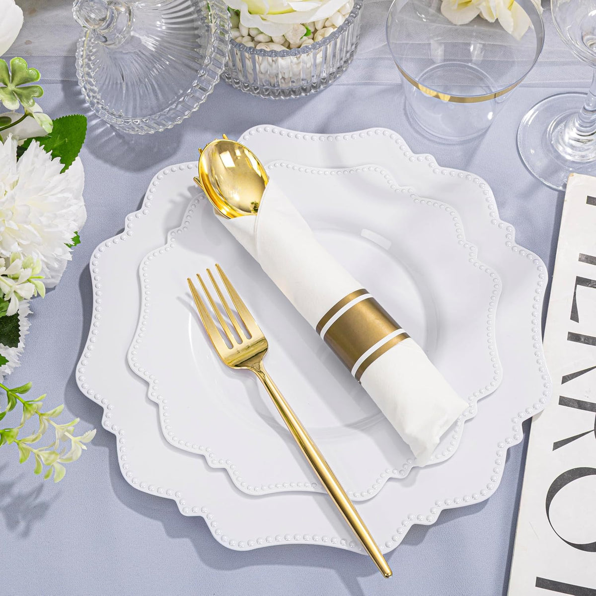 COLOSUS 350pcs White Plastic Plates Disposable Gold Cutlery Dinnerware set for party: 50 Dinner