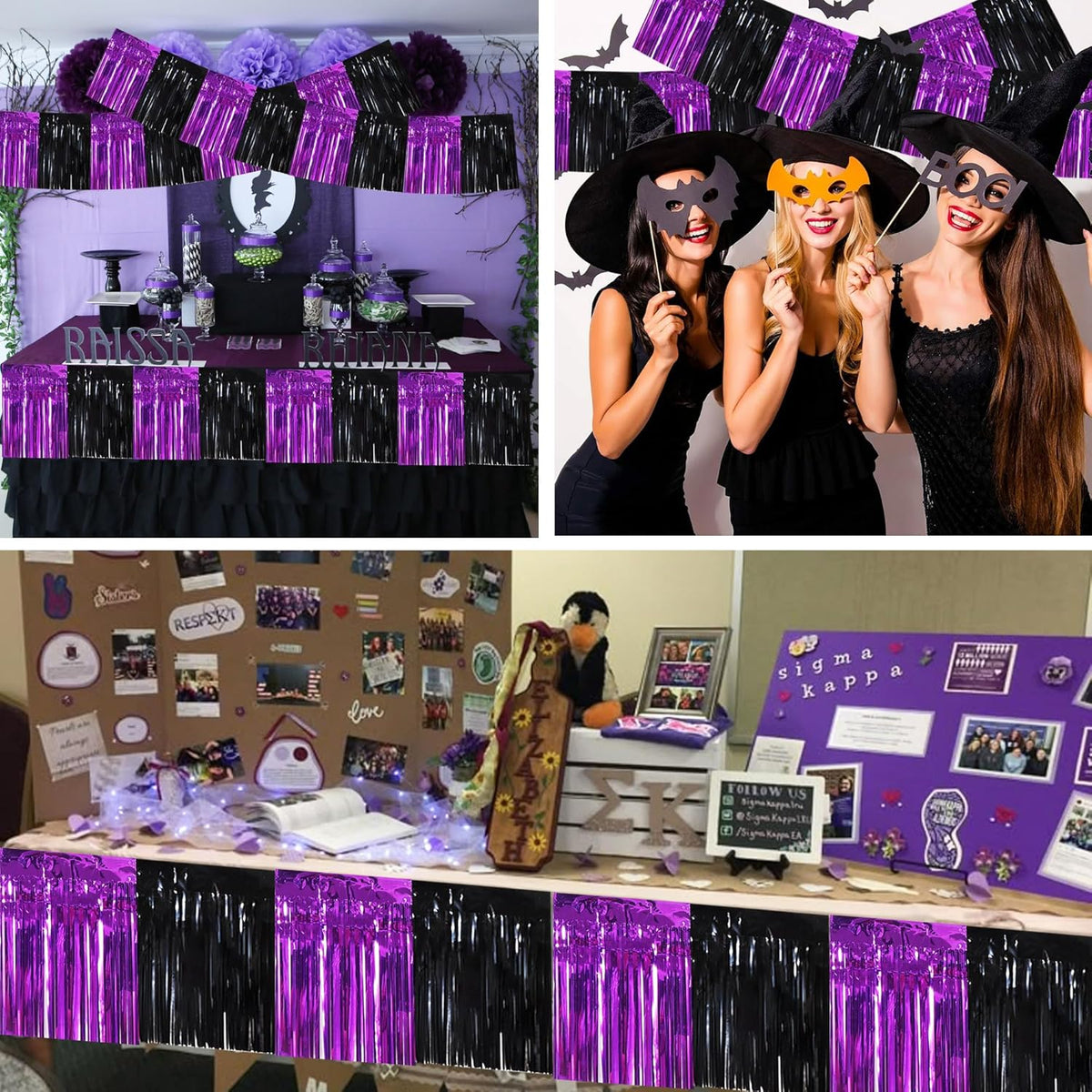 BEISHIDA 3 Packs Metallic Foil Fringe Garland Black Purple Wall Hanging Tinsel Fringe Banners for