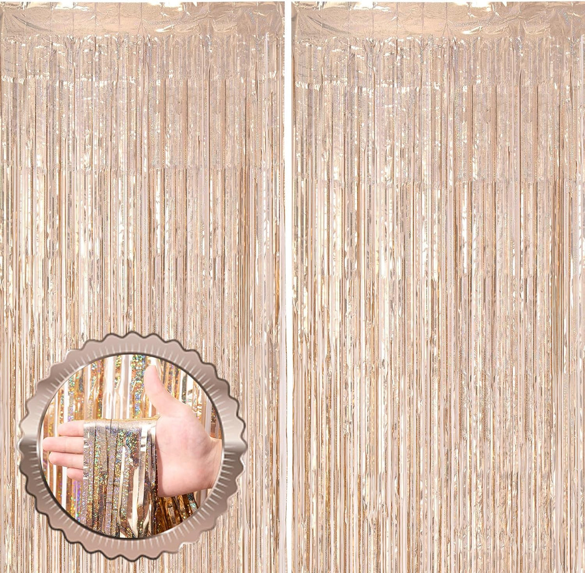 2 Pack Champagne Gold Tinsel Foil Fringe Curtains, Champagne Party Decorations, Metallic Tinsel