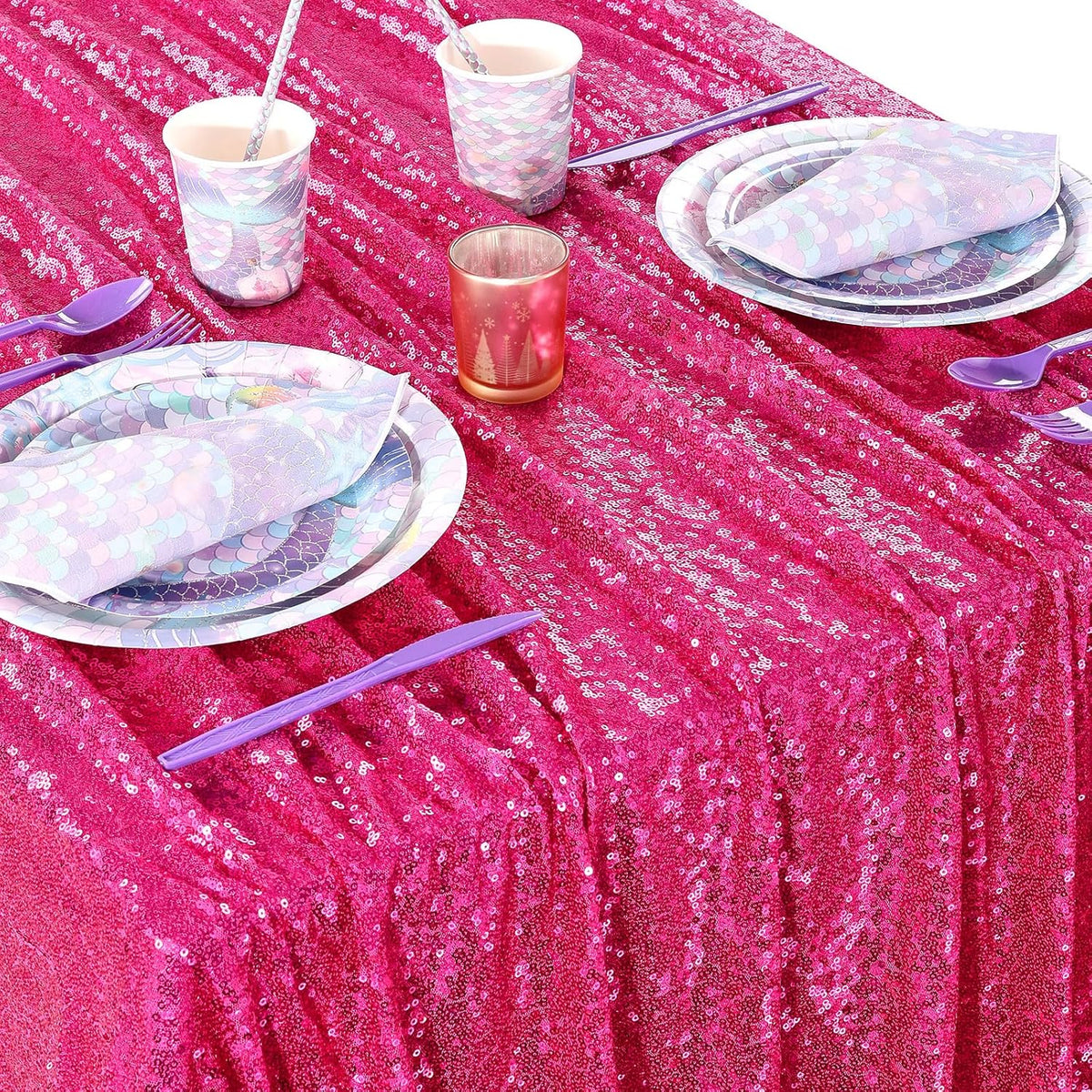 QueenDream Sparkly Sequin Tablecloth - Fuchsia Table Cloth 50x80 Inches Rectangle Table Overlay