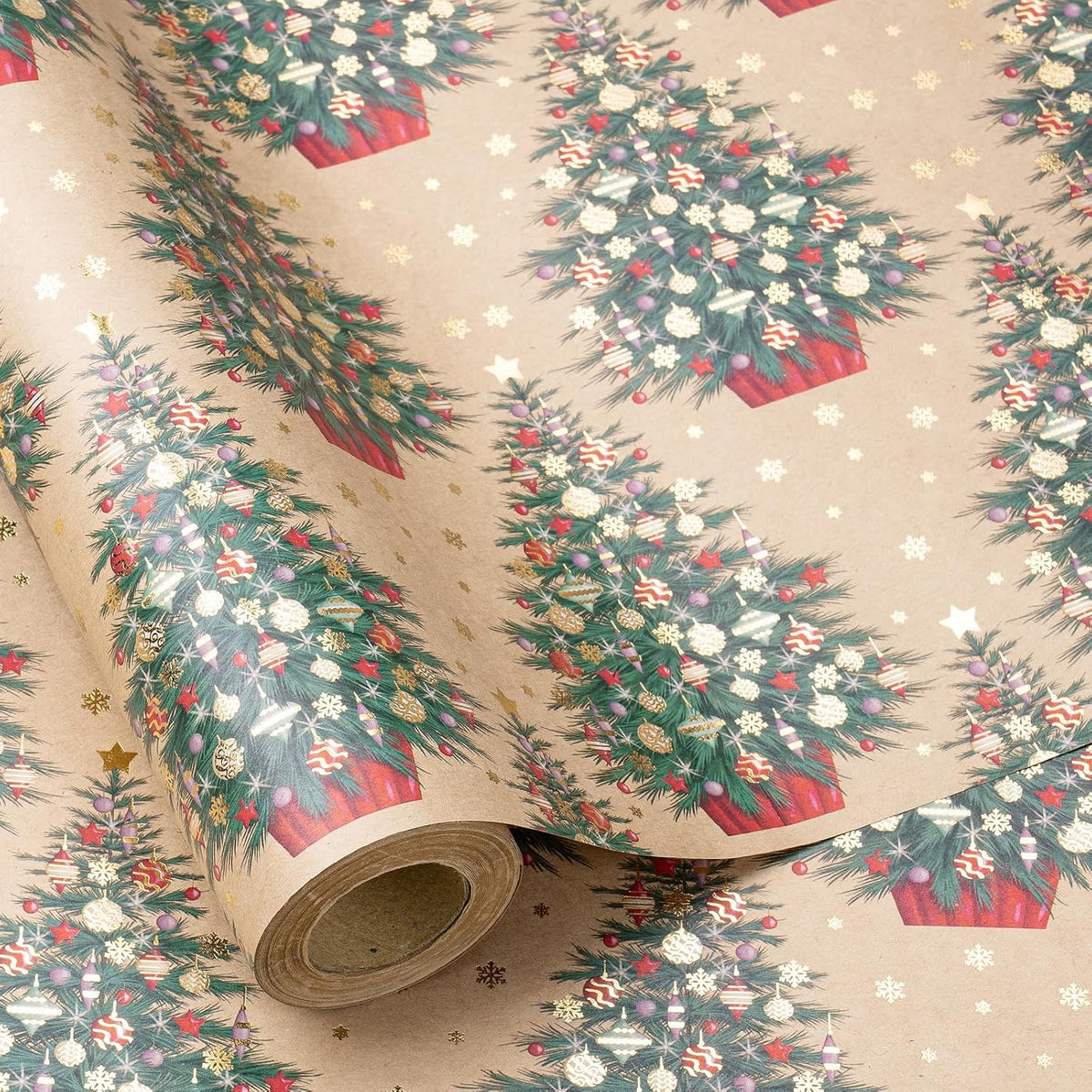 RUSPEPA Kraft Christmas Wrapping Paper Roll, Mini Roll, Gold Foil Christmas Tree Design, Elegent