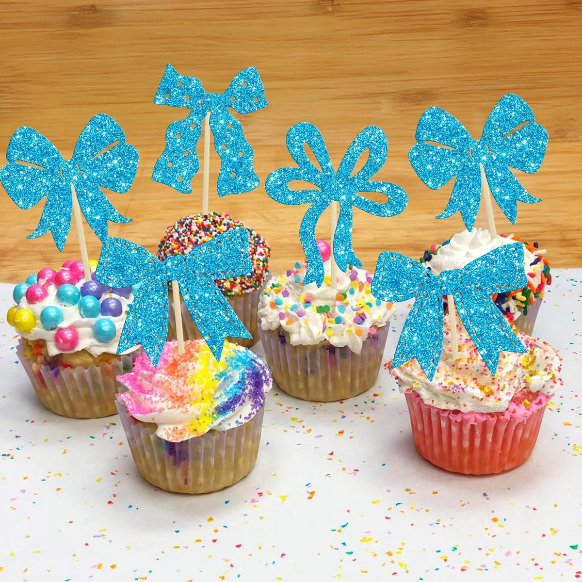 Ephlyn 24Pcs Bow Cupcake Toppers Bow Birthday Cake Topper Girls Birthday Party Decorations Bowknot