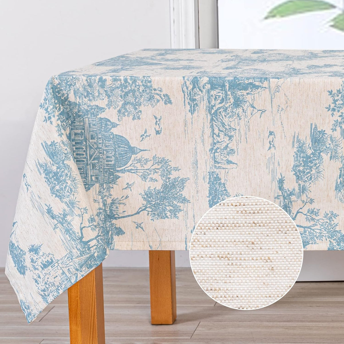 MYSKY HOME Linen Vintage Rectangle Tablecloth 60x84 Inches, Blue Castle Print Table Cloth for