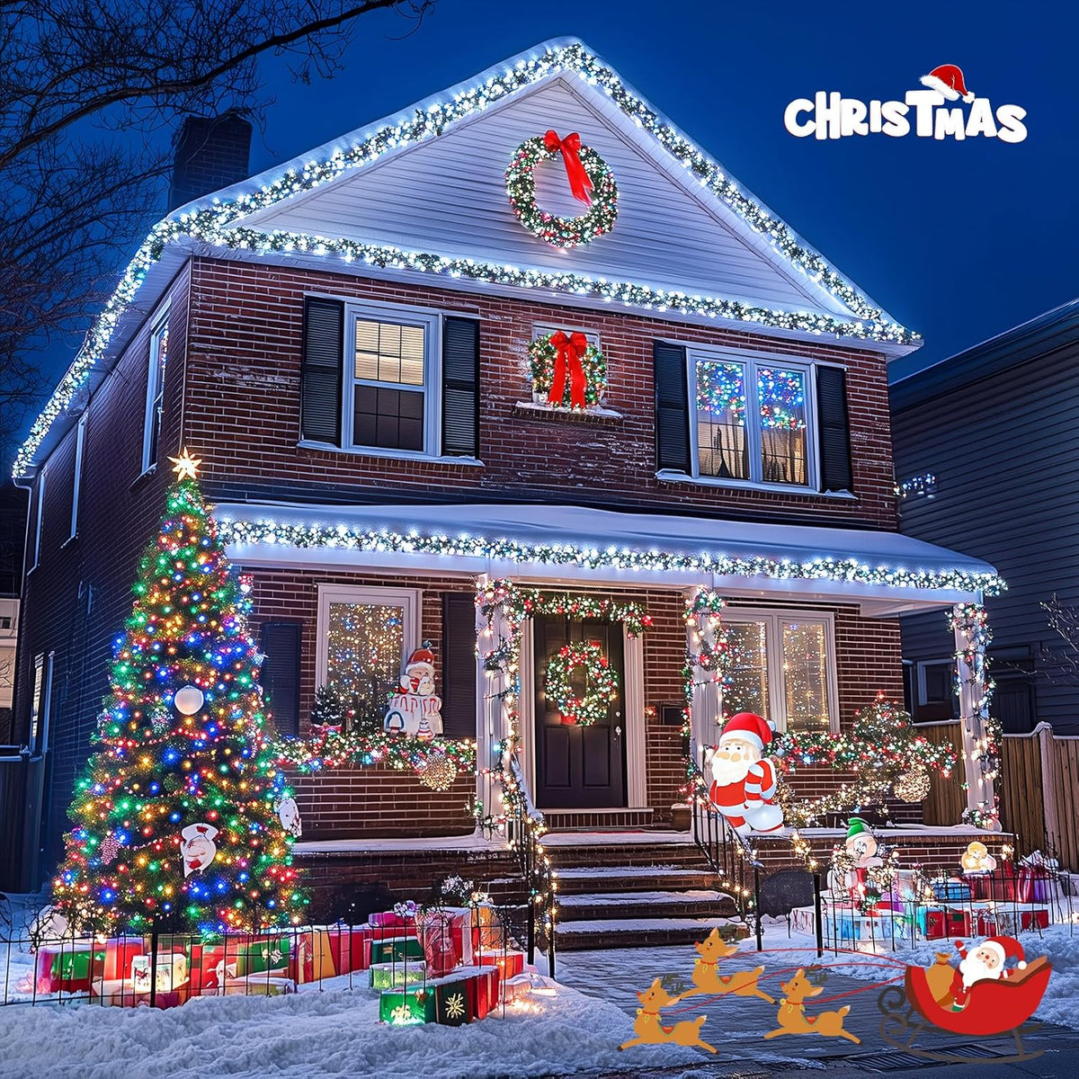 JMEXSUSS 2 Pack White & Multicolor Solar Christmas Lights Outdoor, Each 100 LED 33ft Solar Color