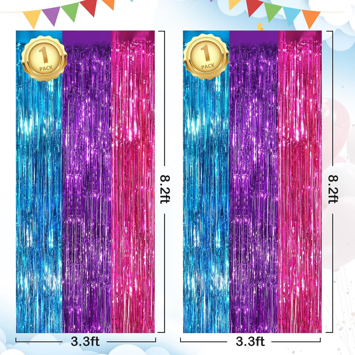 Rainbow Fringe Curtain Party Streamers 2Pack 3.3x8.3 Ft Foil Fringe Backdrop Curtains for Birthday
