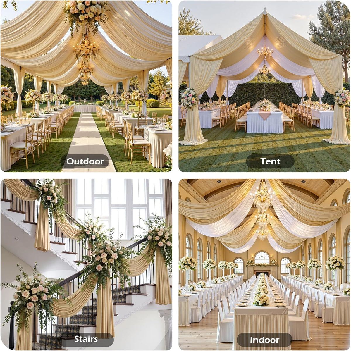 PartyVillage 20ftx40ft Beige Ceiling Curtain for Wedding Parties – 4 Panels Wrinkle-Free 40 FT Long