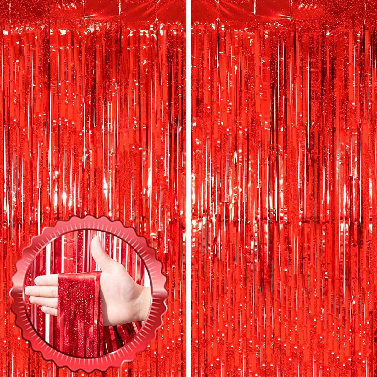 2 Pack Red Tinsel Foil Fringe Curtains, Red Party Decorations, Metallic Tinsel Party Streamers