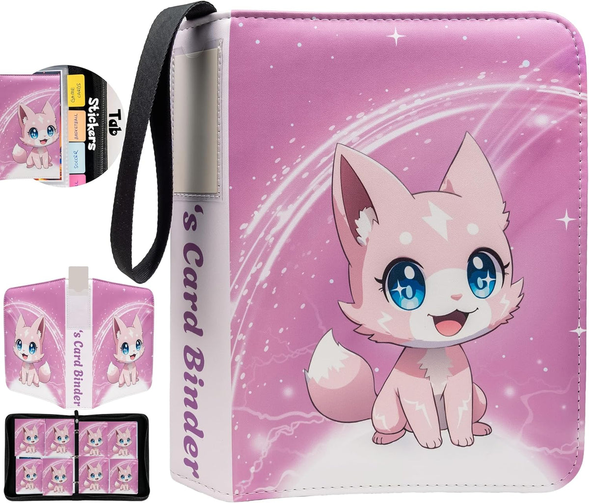 Cute Pink Trading Card Binder 4 Pocket for Girls Gifts - Includes Name Tag & Tab Stickers for