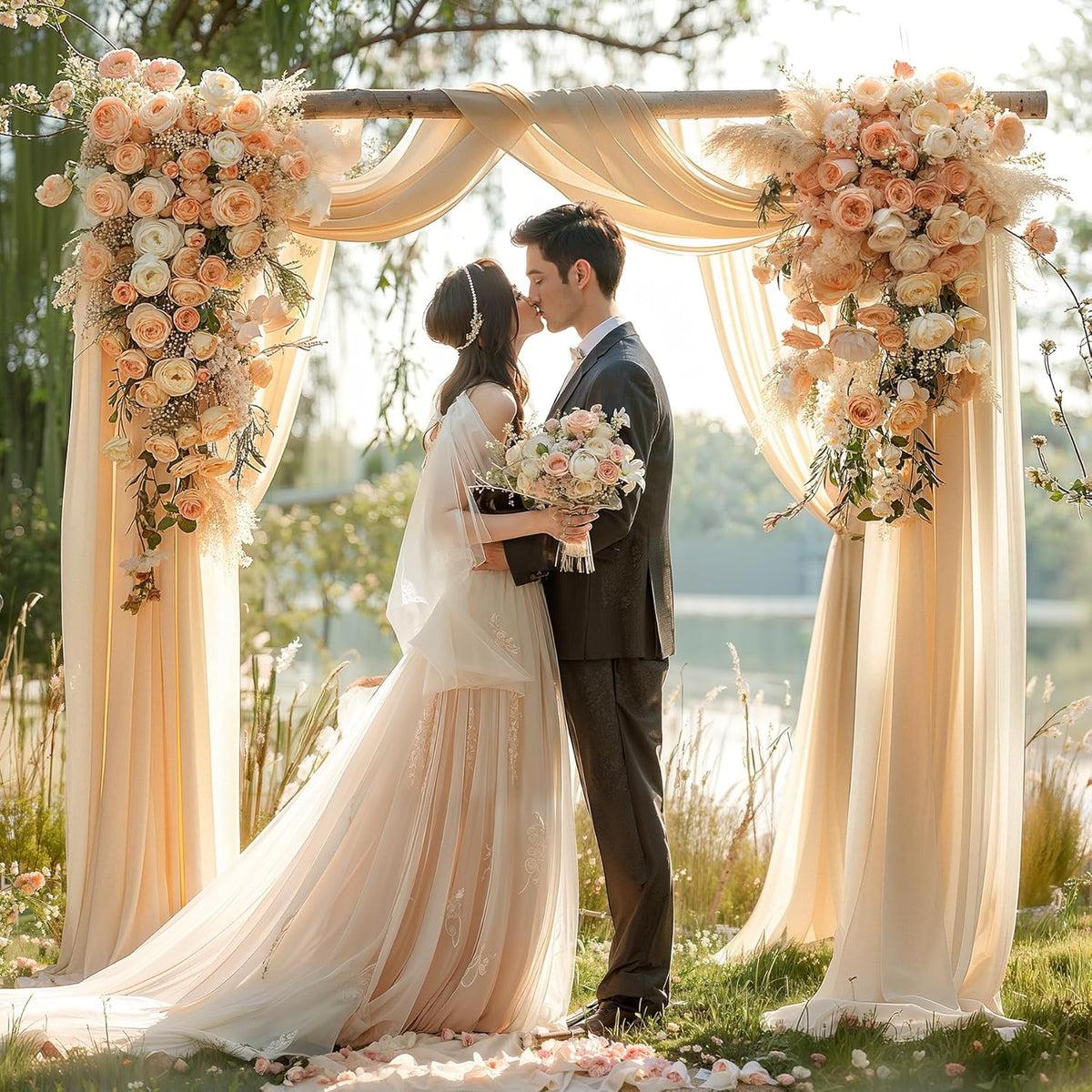 Champagne Wedding Arch Draping Fabric 2 Panels 30'' x 20FT Champagne Drapes Sheer Fabric Backdrop