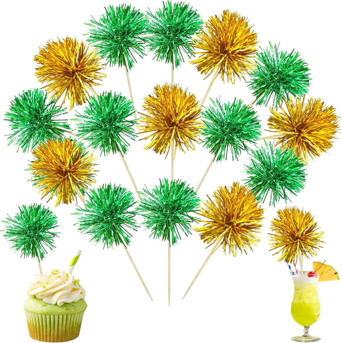 Ephlyn 30Pcs Foil Firework Cupcake Toppers Sparkle Tinsel Cupcake Picks Birthday Cake Decorations
