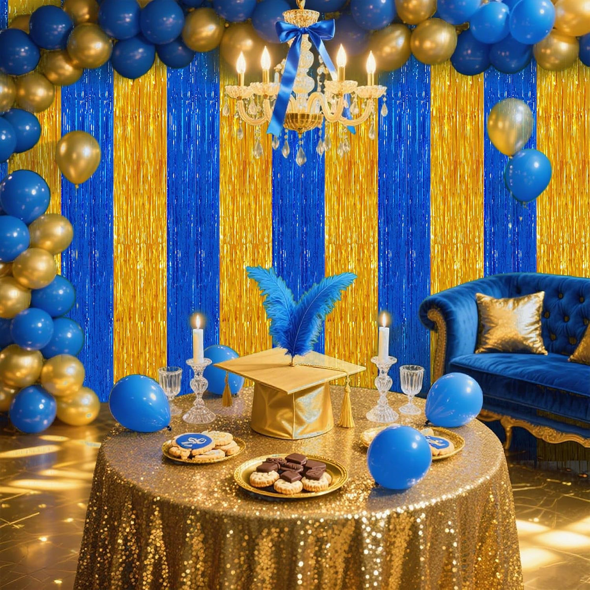 TONIFUL 2Pcs Blue Gold Door Streamers,Green Photo Booth Backdrop,Metallic Streamers Green Foil