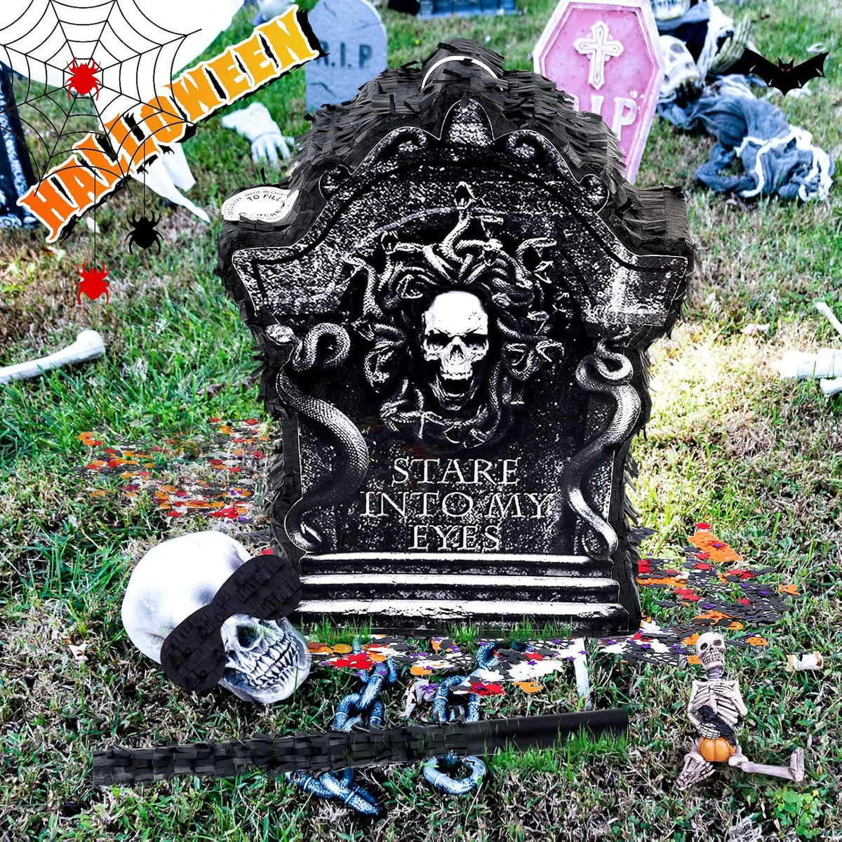 Halloween Tombstone Piñata Halloween Confetti Spooky Ghost Piñata with Stick Paper Eye Mask for
