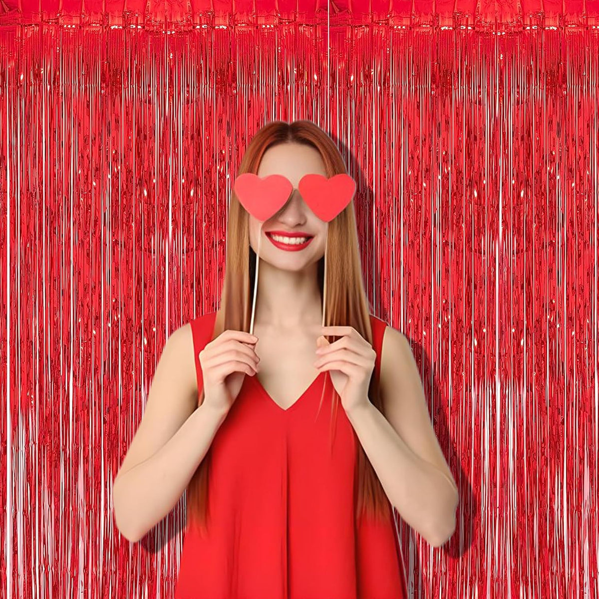 Foil Fringe Curtain Christmas Party Decorations - Red Metallic Tinsel Photo Booth Backdrop Party