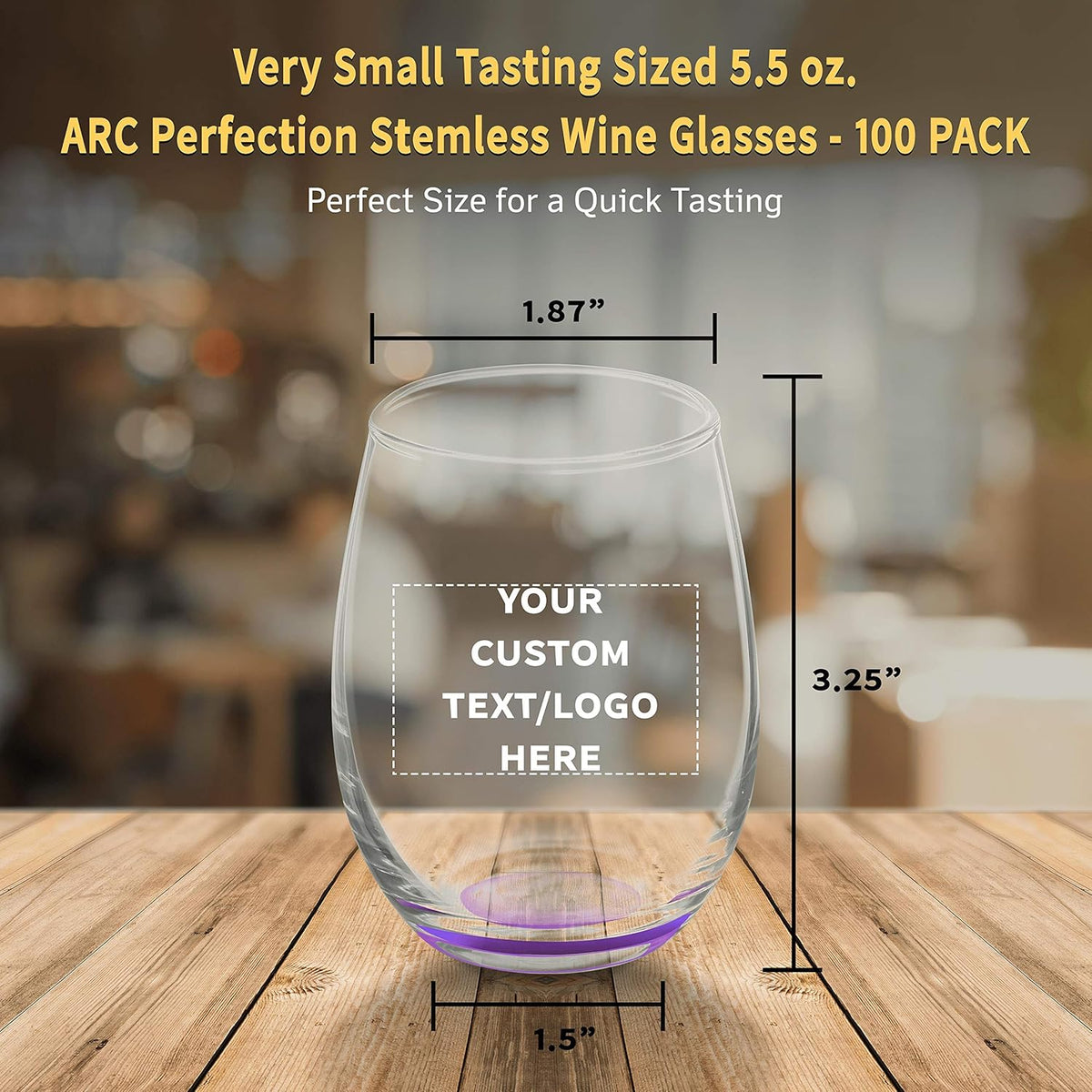 Custom Stemless Wine Glasses by ARC 5.5 oz. Set of 100, Personalized Bulk Pack - Perfect for Hotel