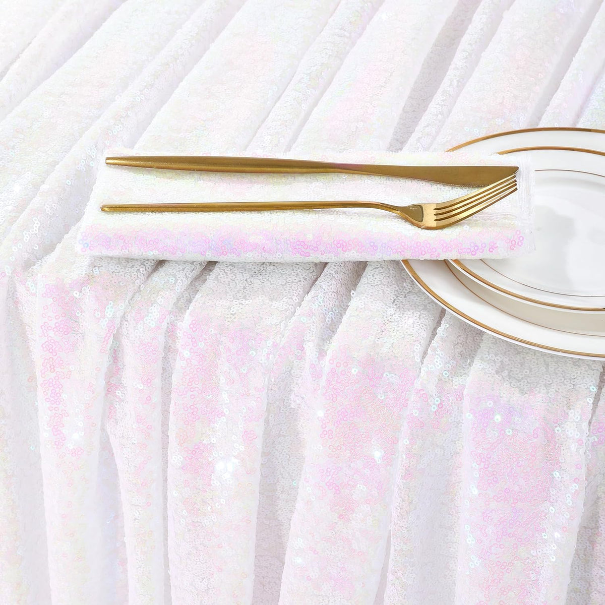 QueenDream Sparkly Sequin Tablecloth - White Iridescent Table Cloth 50x80 Inches Rectangle Table