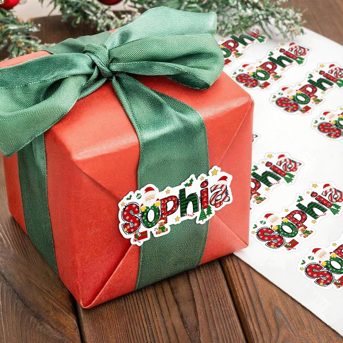 callie Personalized Christmas Stickers - Custom Name, 3.5"×1.69" Santa Claus Elk Design Merry