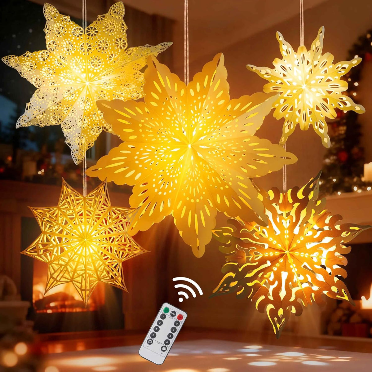5Pcs Christmas Paper Snowflake Lanterns, Large Christmas Paper Star Lanterns with LED Lights White
