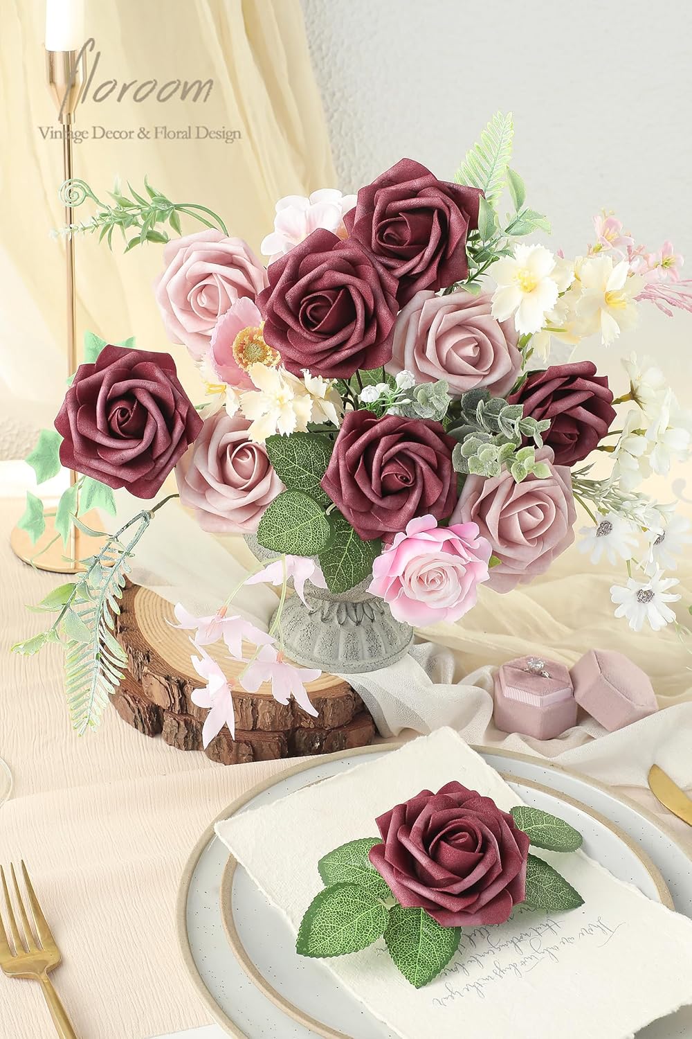 Floroom Artificial Flowers 25pcs Real Looking Cinnamon Rose & Shabby Pink Foam Fake Roses with