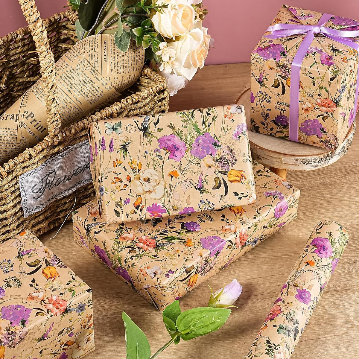 WRAPAHOLIC Kraft Floral Wrapping Paper Roll - Mini Roll - 17 Inch x 16.5 Feet - Garden Wildflower