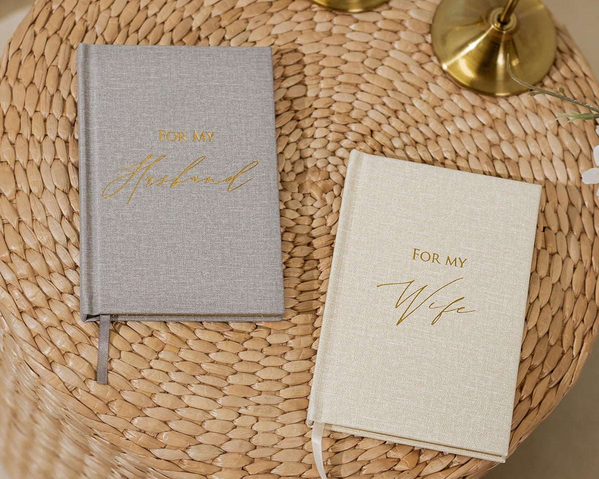 Hard Cover Vow Books (Set of 2) - For My Husband & For My Wife Grey & Cream Pocket Sized Foil