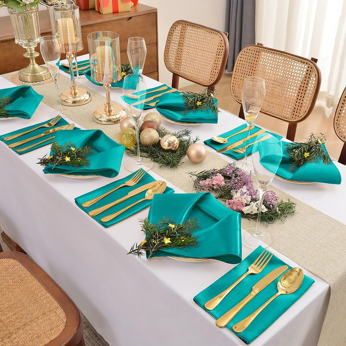 12 Pieces Teal Satin Napkins, 17" x 17" Square Table Napkins, Silky Soft Smooth Washable Napkins