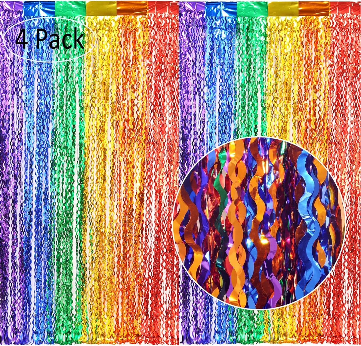 4 Pack Wavy Rainbow Foil Fringe Curtains - Colorful Party Decorations 3.3x6.6ft Tinsel Metallic