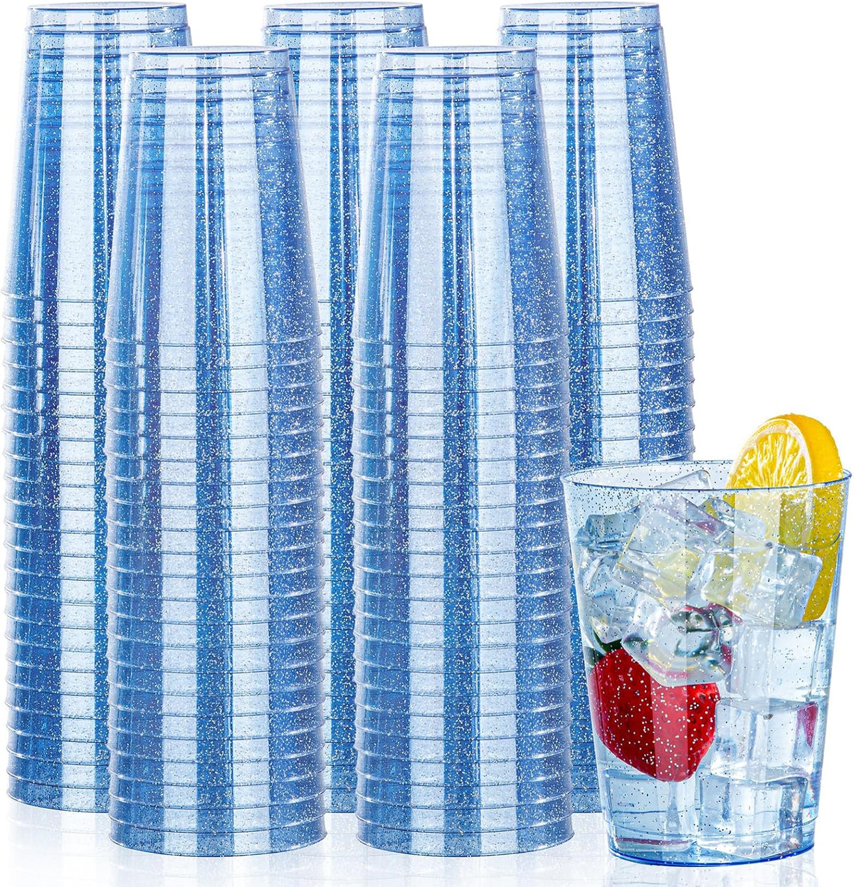 DaYammi 100 Pack Blue Plastic Cups 10 oz Disposable Cups Tumblers, Elegant Blue Glitter Party