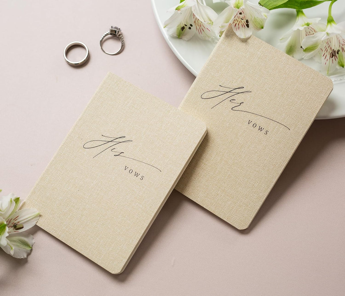 Slim Vow Books (Set of 2 - Design 5) - Soft Cream Canvas Linen Textured Cover Wedding Vow Booklets