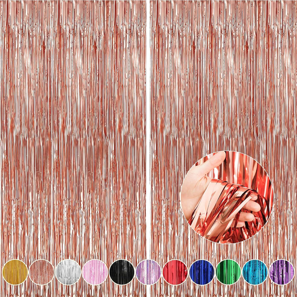 Crosize 2 Pack 3.3 x 9.9 ft Rose Gold Foil Fringe Backdrop Curtain, Streamer Backdrop Curtains