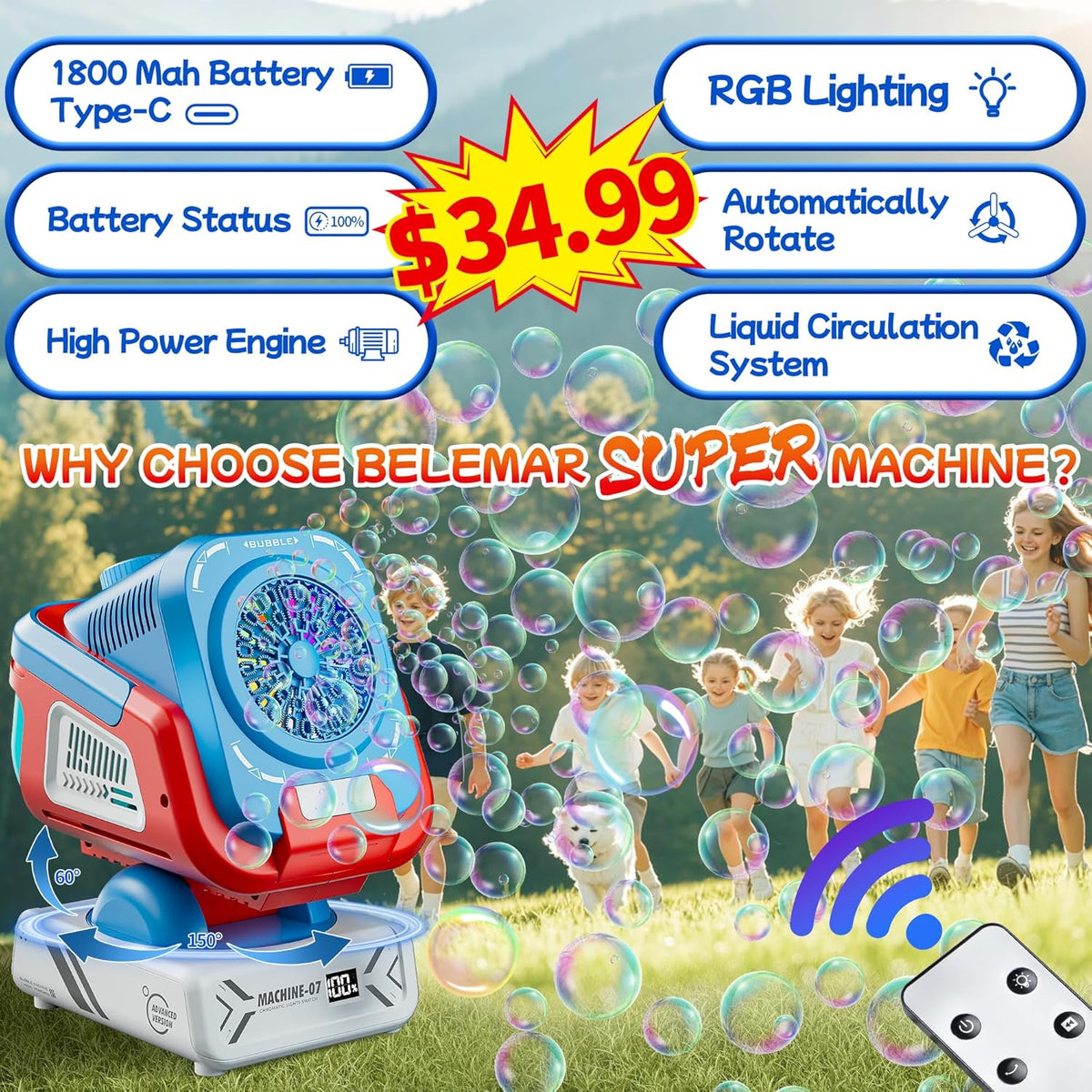2025 Upgraded Bubble Machine with Remote Control, Automatic Rotation & RGB Lights, 1800mAh