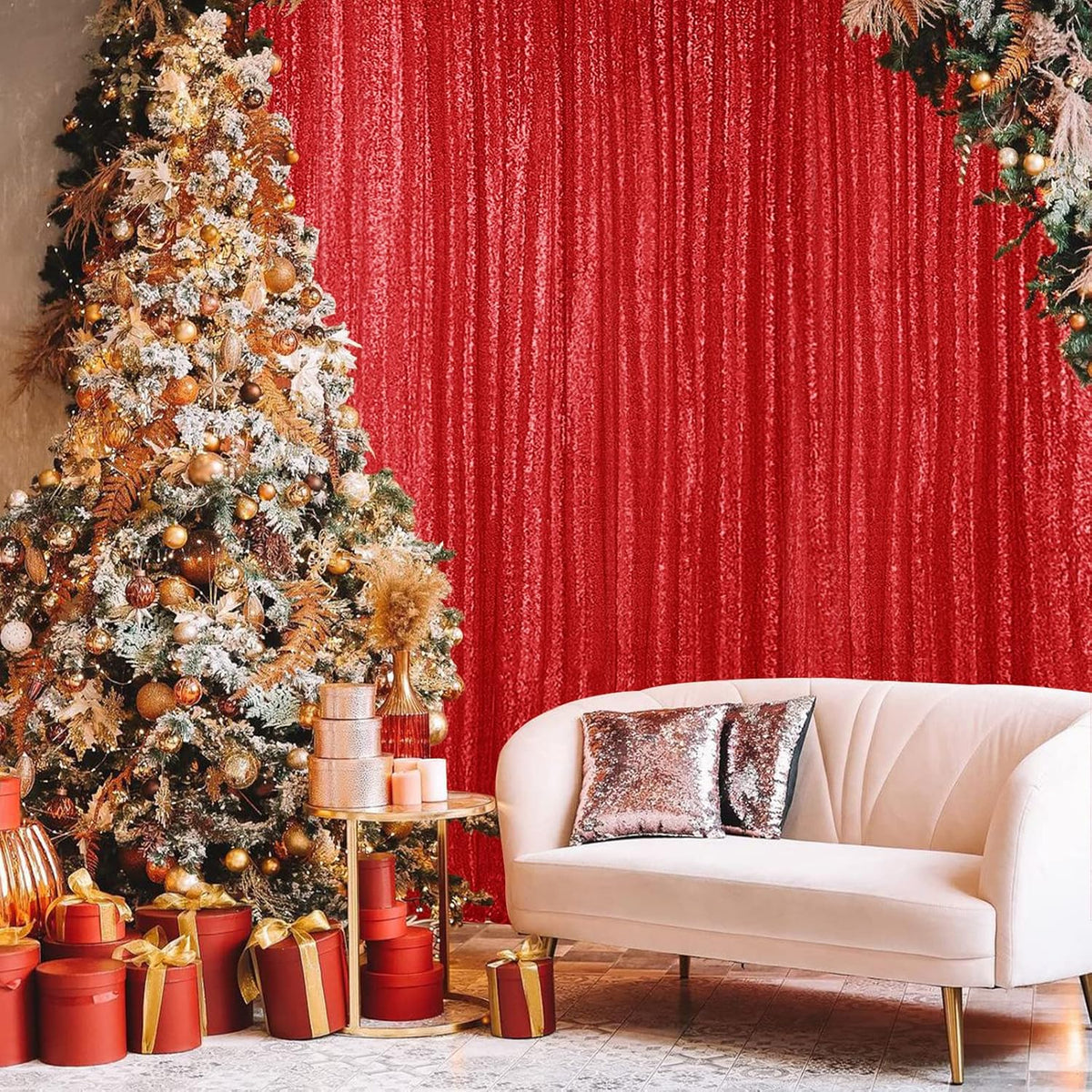Hahuho Red Sequin Backdrop Curtain, 2PCS 2FTx8FT Glitter Backdrop Curtain for Parties, Christmas