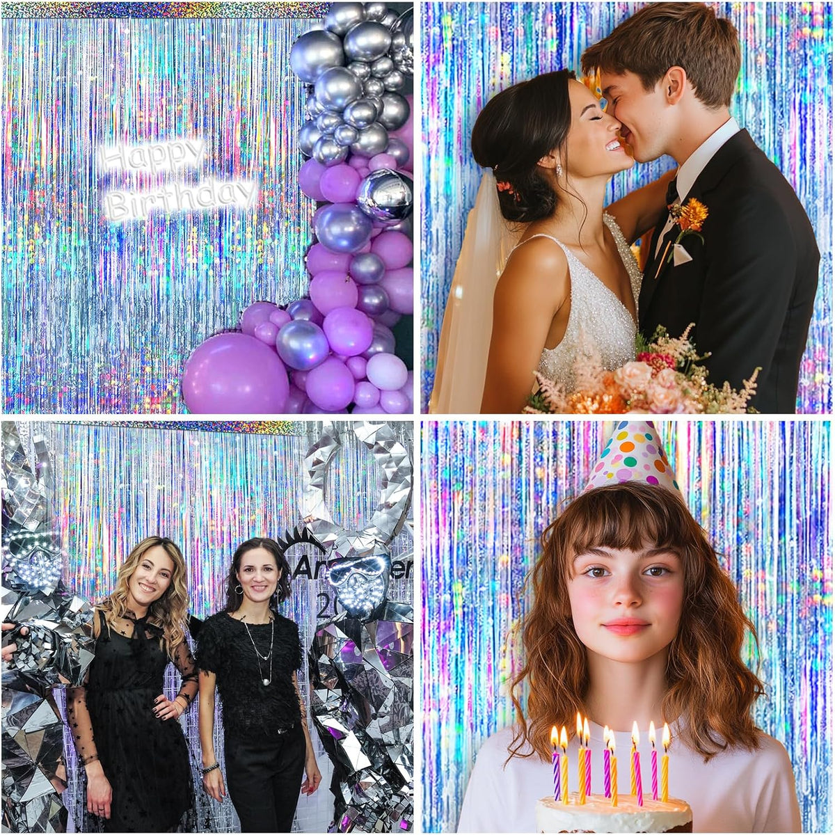4 Packs Silver Foil Fringe Curtain, Silver Glitter Metallic Tinsel Backdrop for Birthday, Wedding