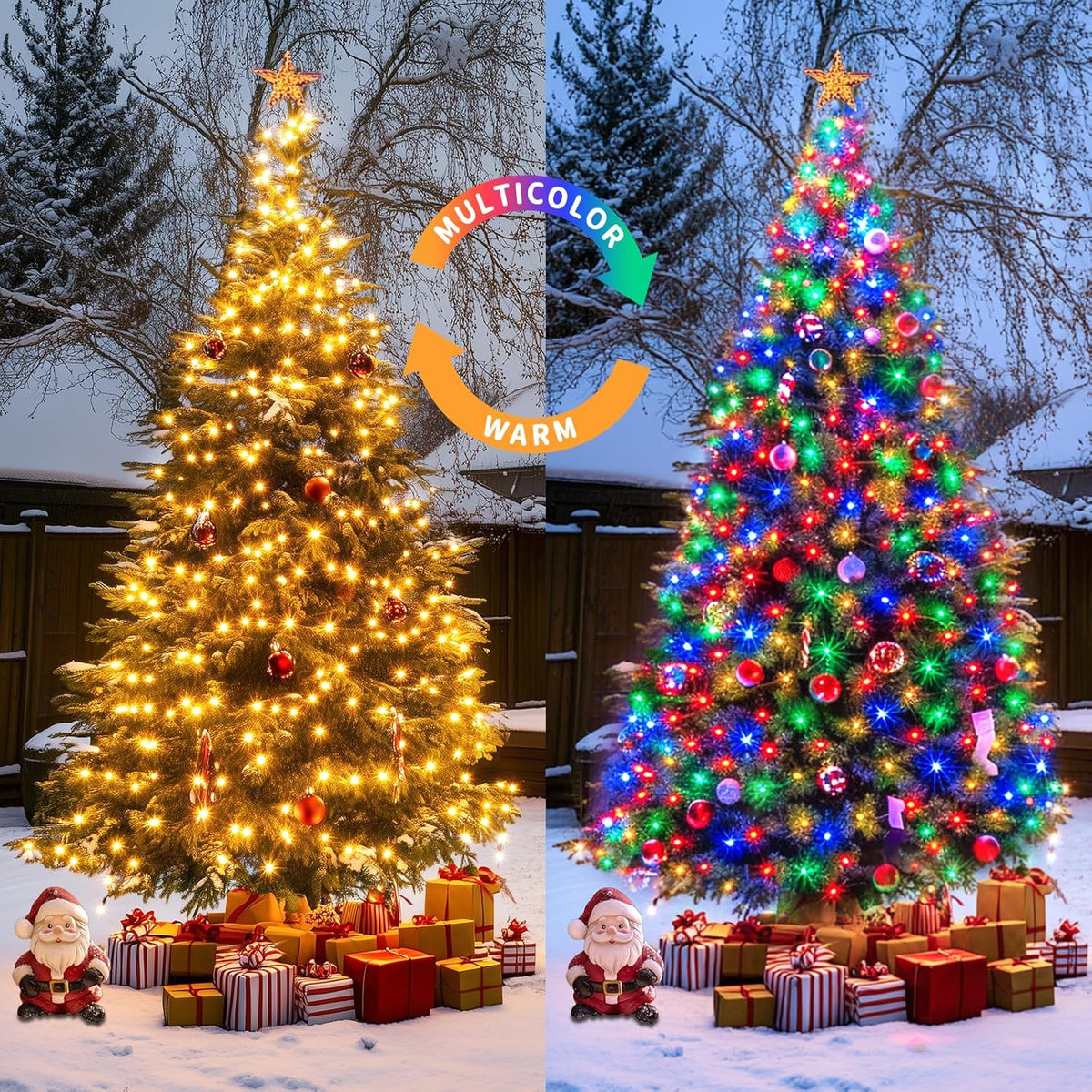 JMEXSUSS 2 Pack Warm White & Multicolor Solar Christmas Lights Outdoor, Each 100 LED 33ft Solar