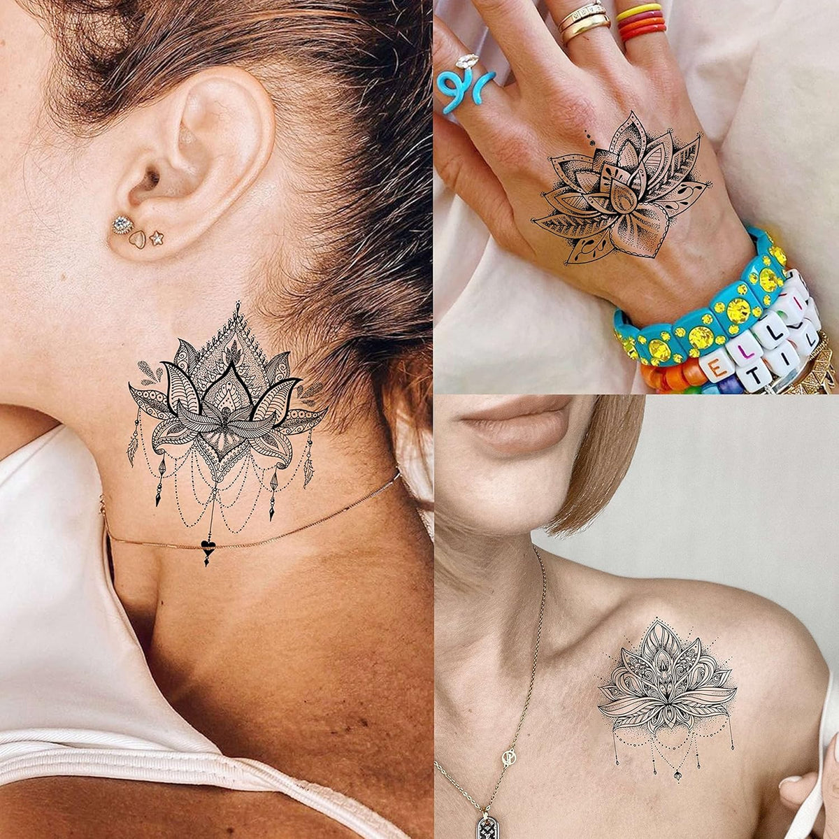 15 Sheets Sexy Black Lotus Temporary Tattoos For Women Wedding Brides, Tribal Fake Jewelry Pendant