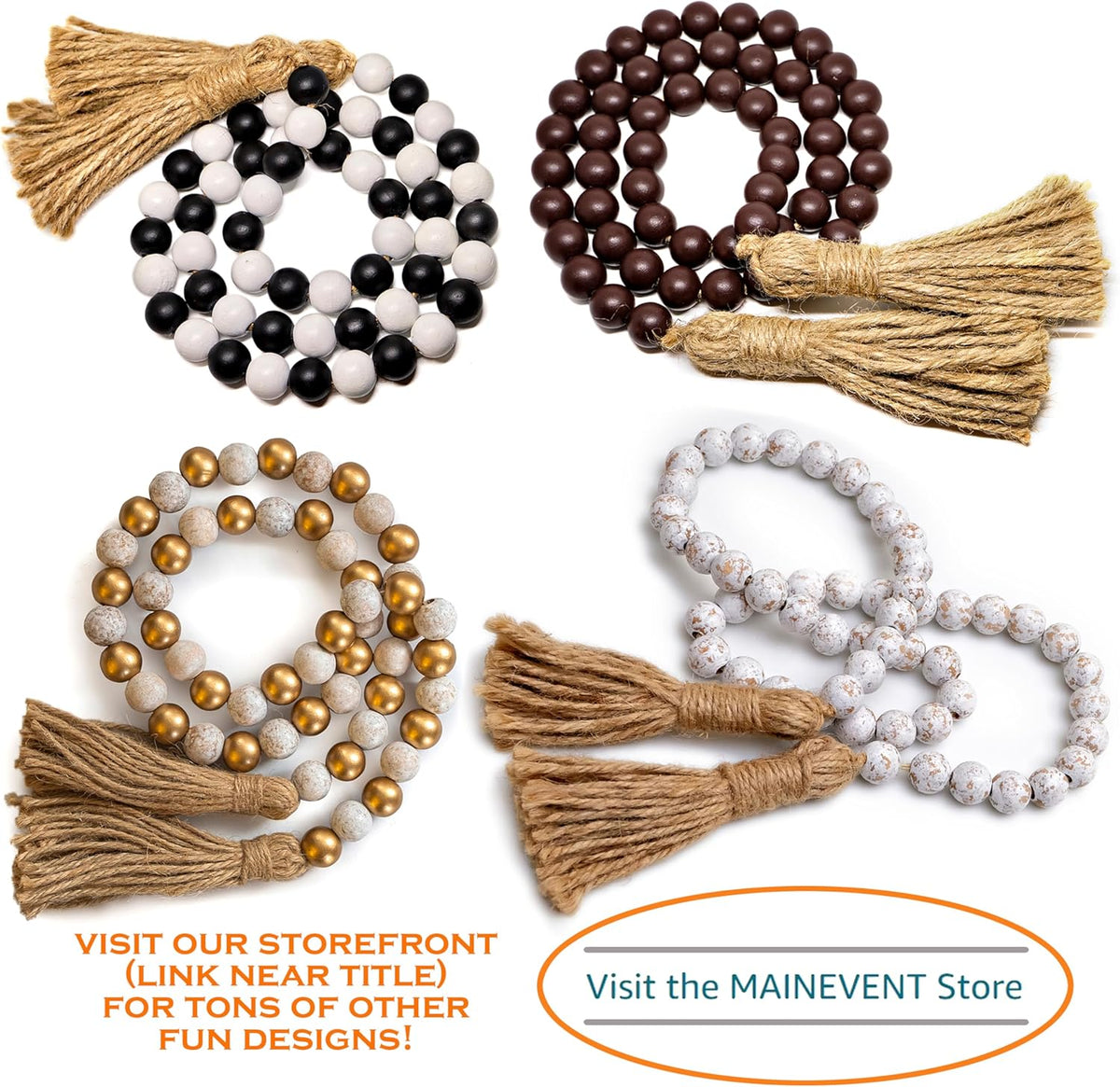 Decorative Wood Bead Garland Home Decor, Farmhouse Garland Beads with Tassel, Wooden Tier Tray
