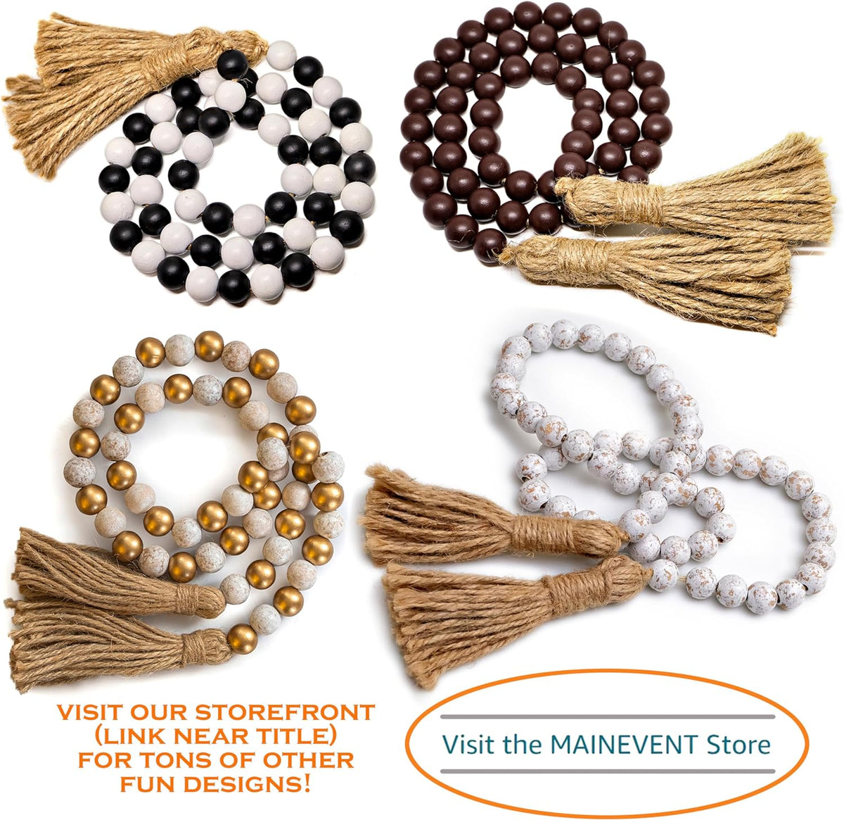 Farmhouse Wood Bead Garland Home Decor, Natural Wooden Garland for Tiered Tray, Decorative Tassel