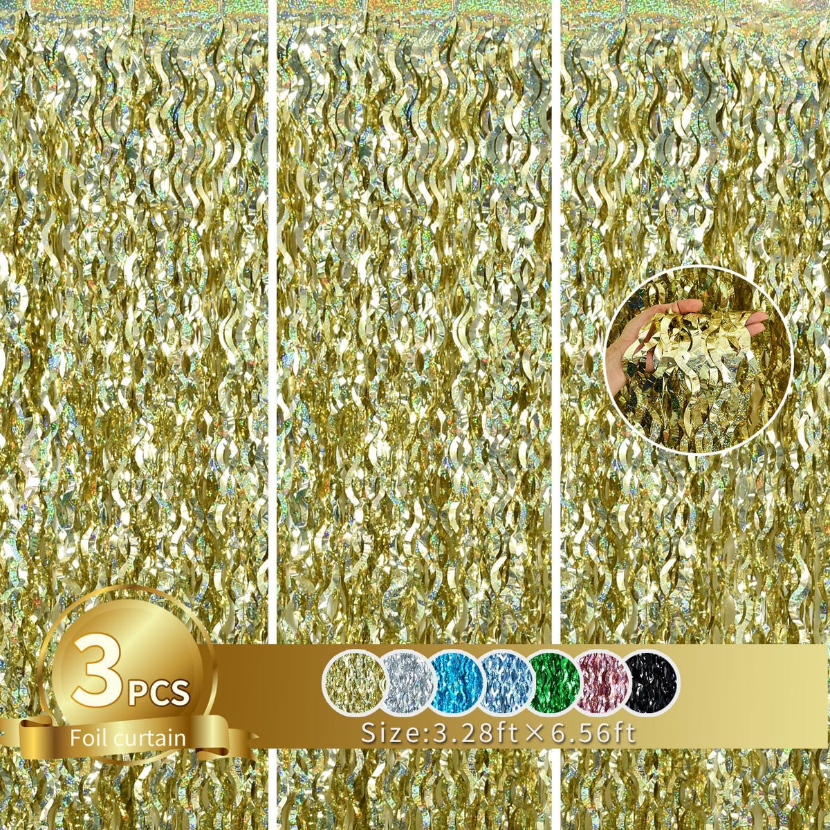 TONIFUL 3Pcs Wavy Metallic Tinsel Foil Fringe Curtains Champagne Gold Streamer Backdrop for Photo