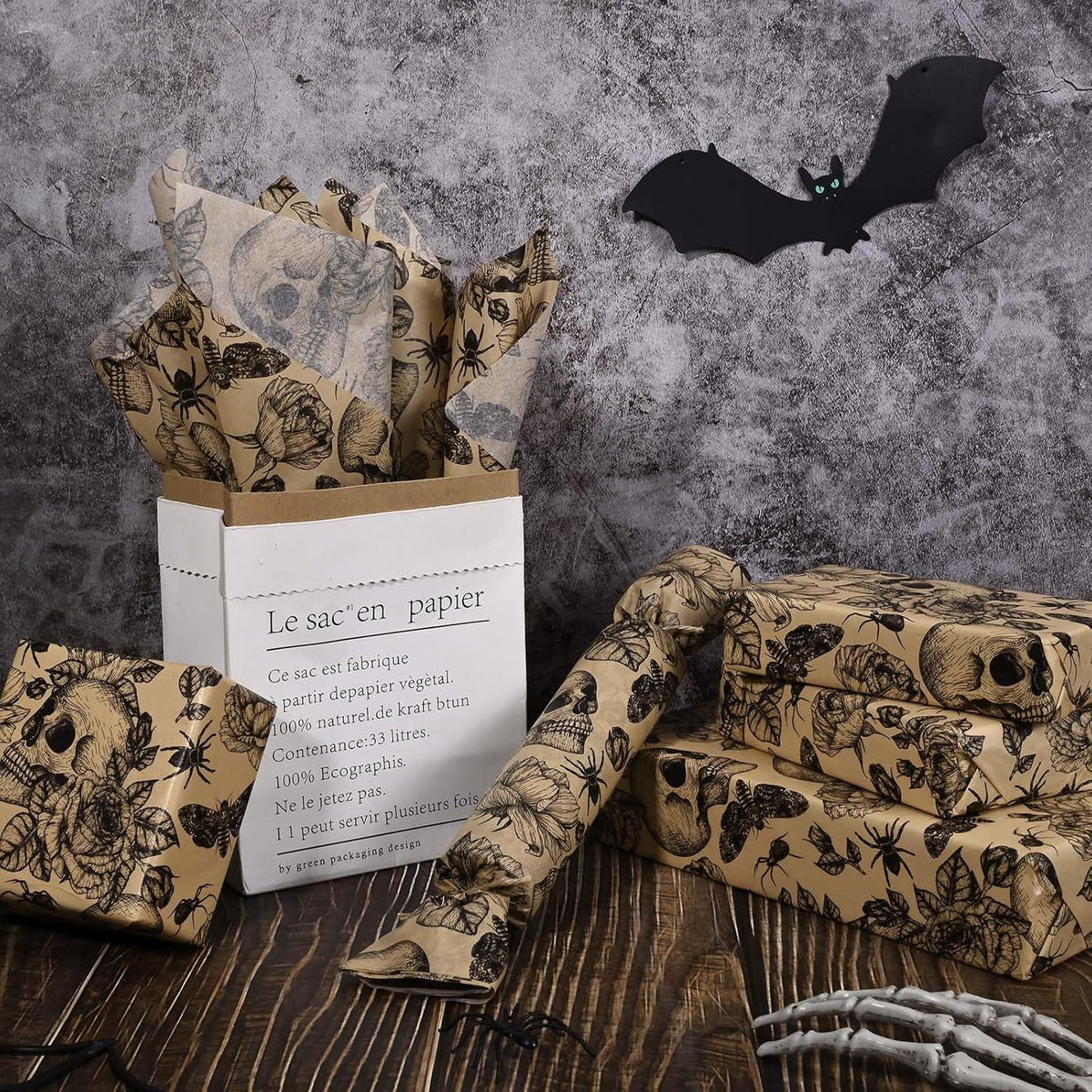 100 Sheets 20 * 14 Inches Vintage Halloween Tissue Paper Kraft Gothic Floral Skull Moth Spider