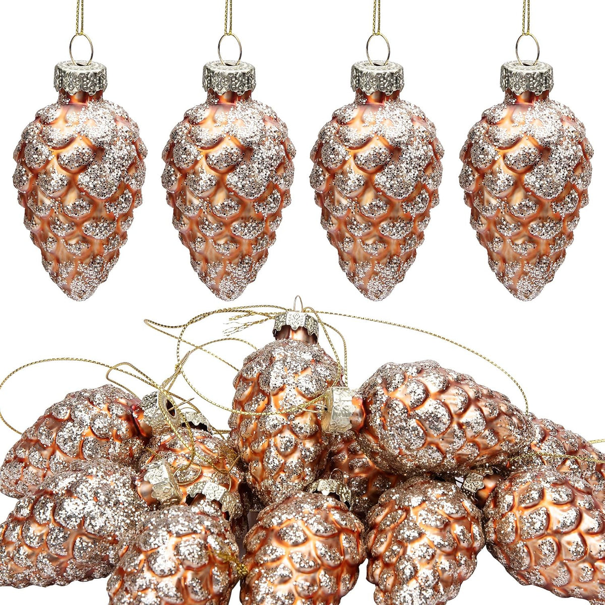 Watayo 12 Pcs Christmas Pinecone Glass Ornaments- Fall Hanging Pine Cone Painted Glass Ornaments