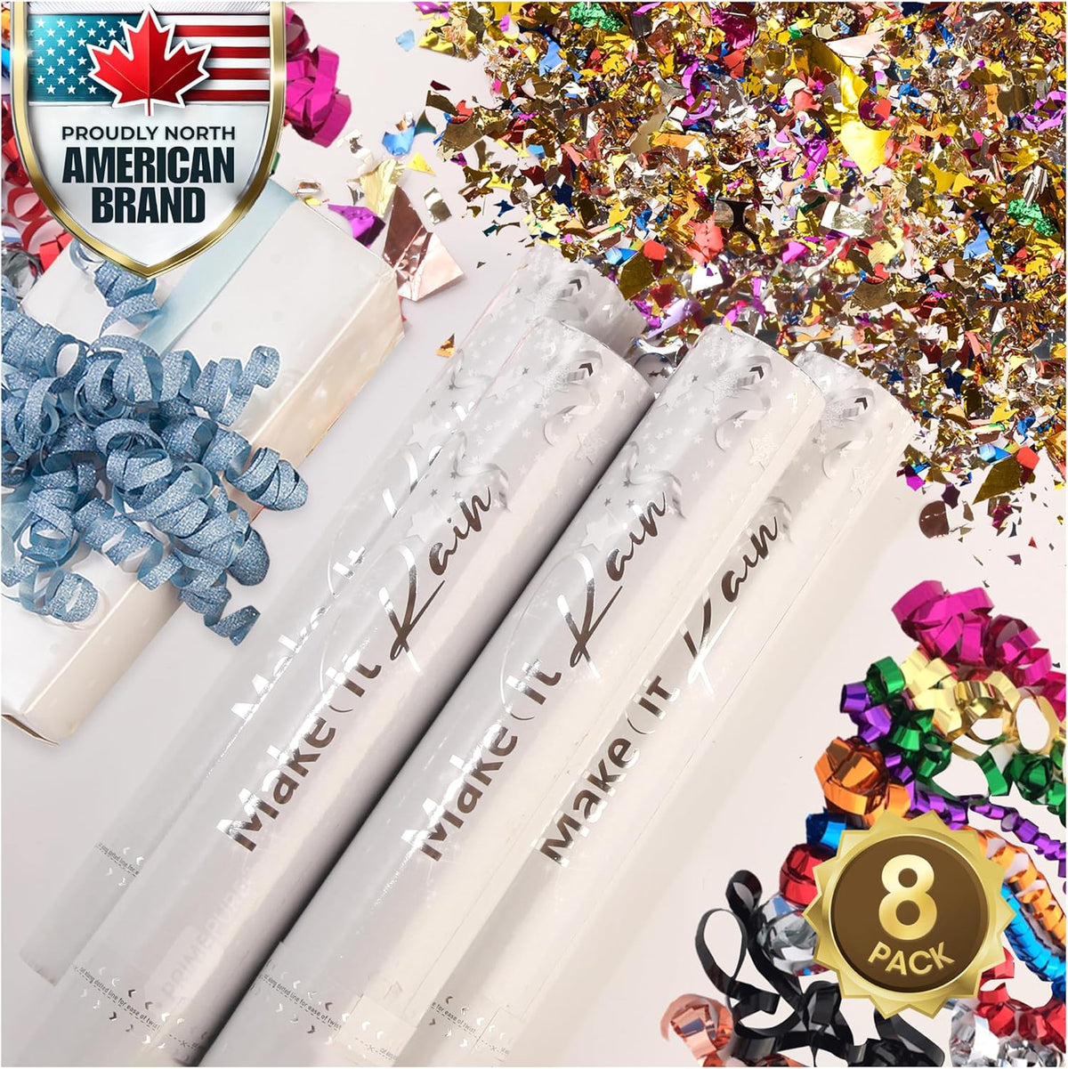 PrimePure Confetti Cannon Party Poppers - Metallic Foil Multicolor Confetti Poppers & Streamers - 8